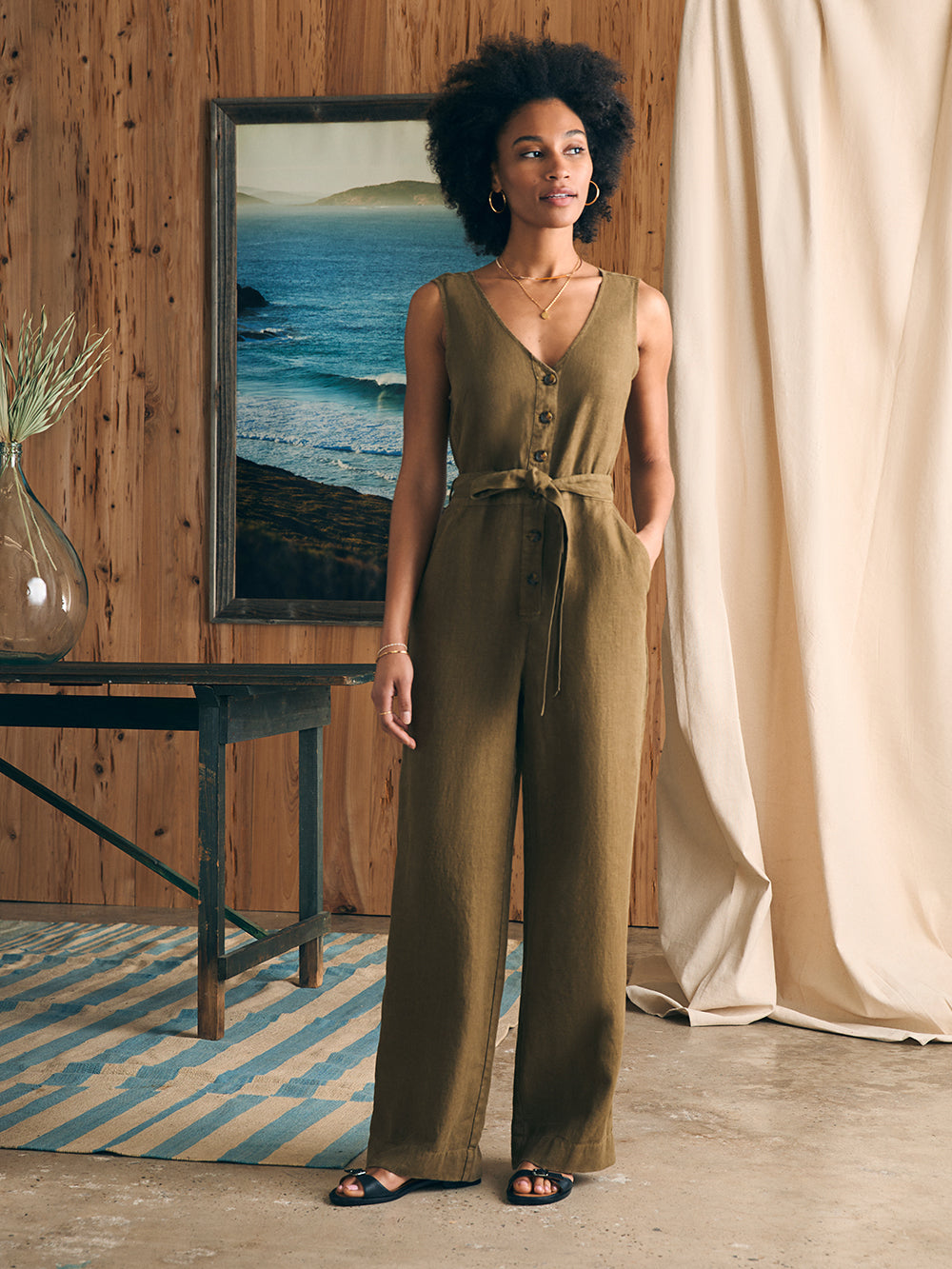 Alina Linen Jumpsuit by Faherty in Military Olive