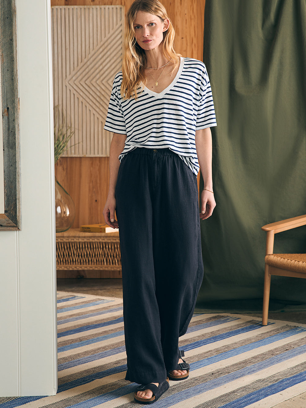 Linen V Neck Tee by Faherty in Ahoy Stripe