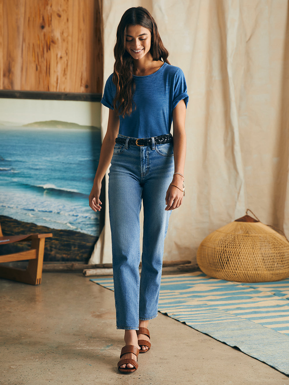 Sunwashed Crew Tee by Faherty in Medium Indigo Wash