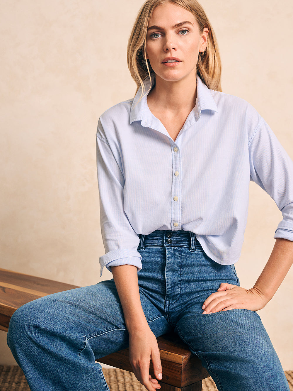 Stretch Oxford Cropped Shirt by Faherty in Classic Stripe