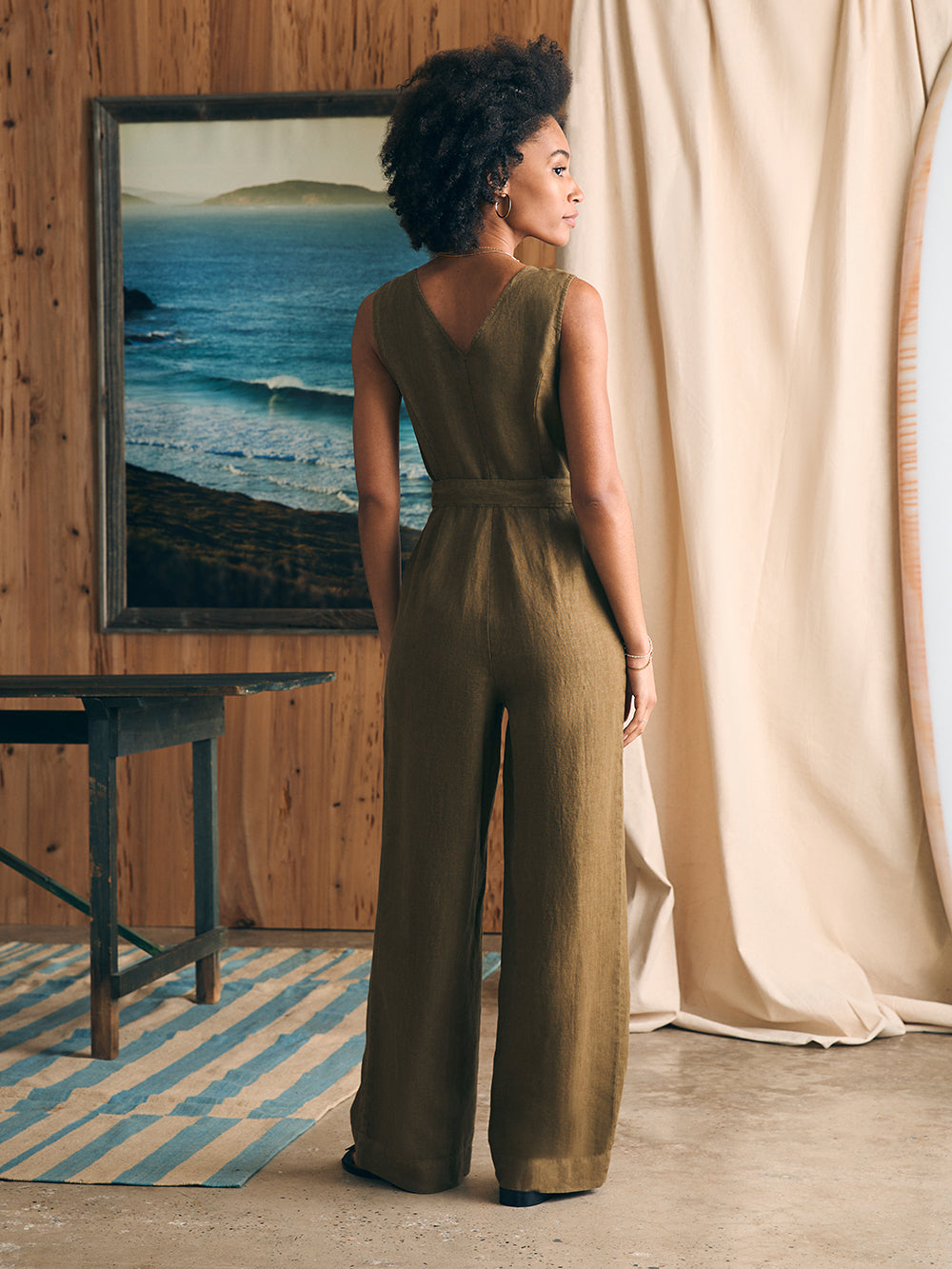 Alina Linen Jumpsuit by Faherty in Military Olive