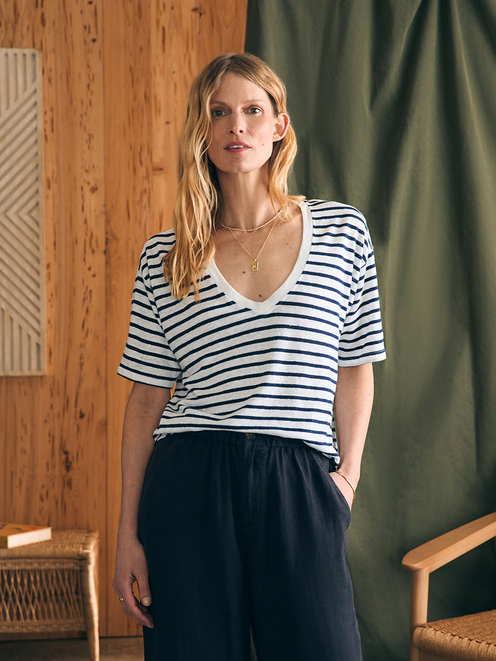 Linen V Neck Tee by Faherty in Ahoy Stripe