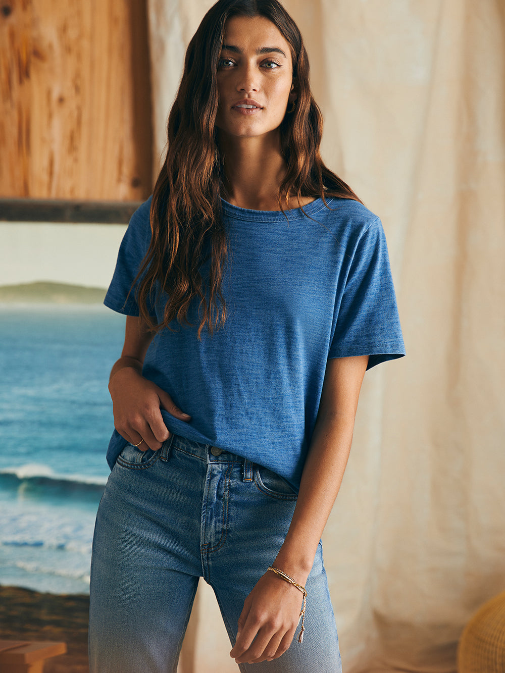 Sunwashed Crew Tee by Faherty in Medium Indigo Wash