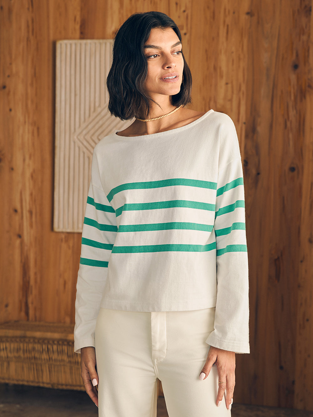 Sport Jersey Long Sleeve Tee by Faherty in Green Cape May Stripe