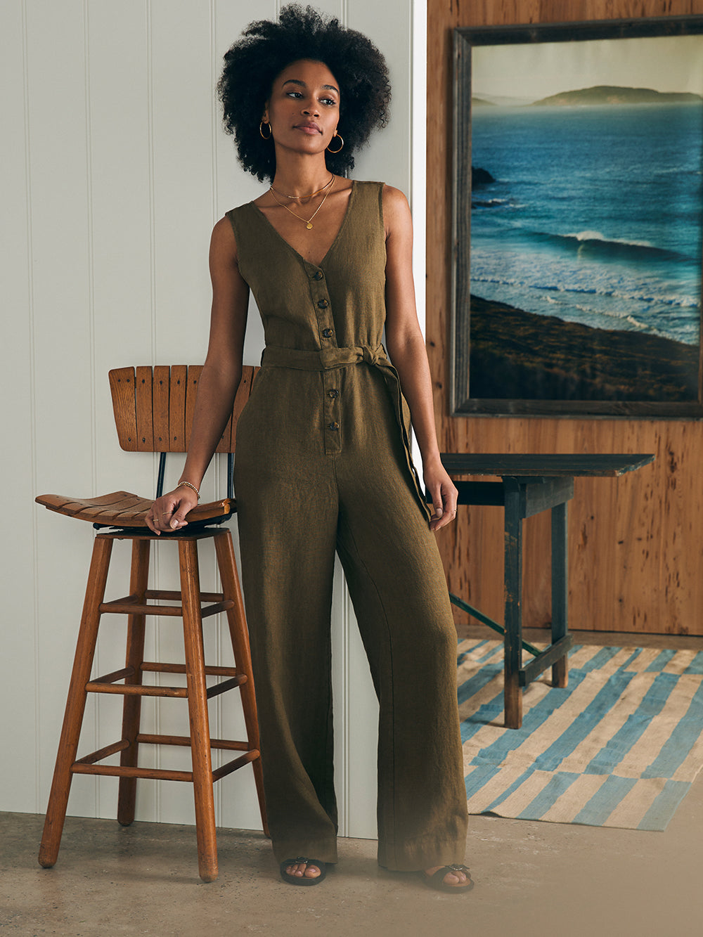 Alina Linen Jumpsuit by Faherty in Military Olive