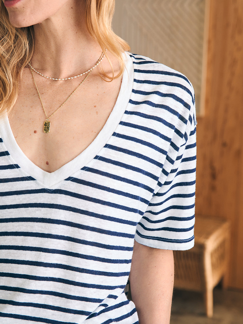 Linen V Neck Tee by Faherty in Ahoy Stripe