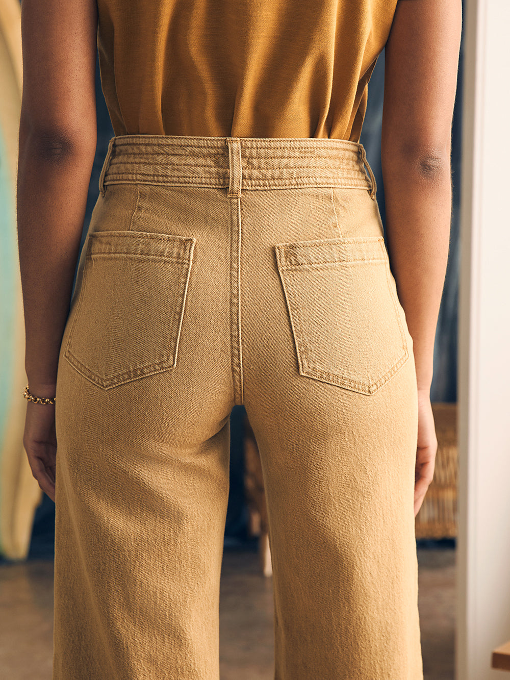 Natural Dye Denim Harbor Crop Pant by Faherty in Gilded Sand Wash