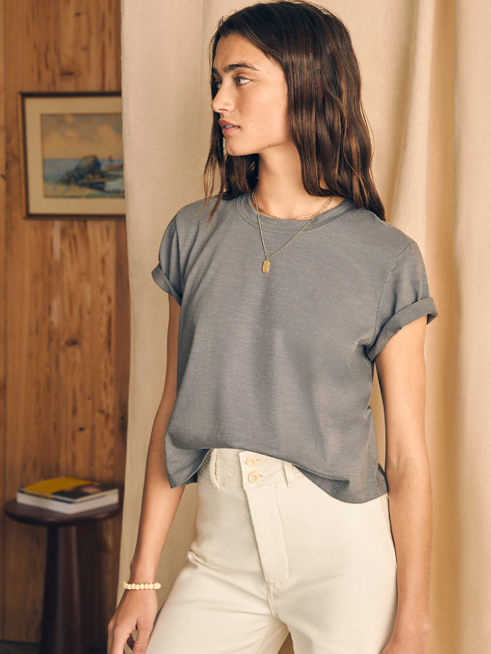 Sunwashed Cropped Crew Tee by Faherty in Smoked Pearl