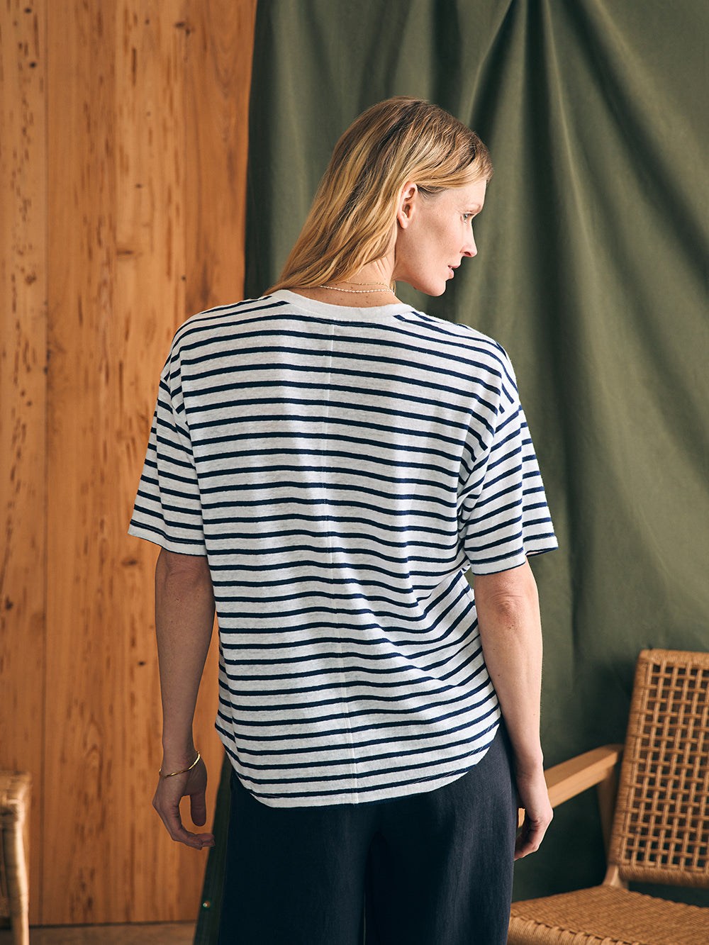 Linen V Neck Tee by Faherty in Ahoy Stripe