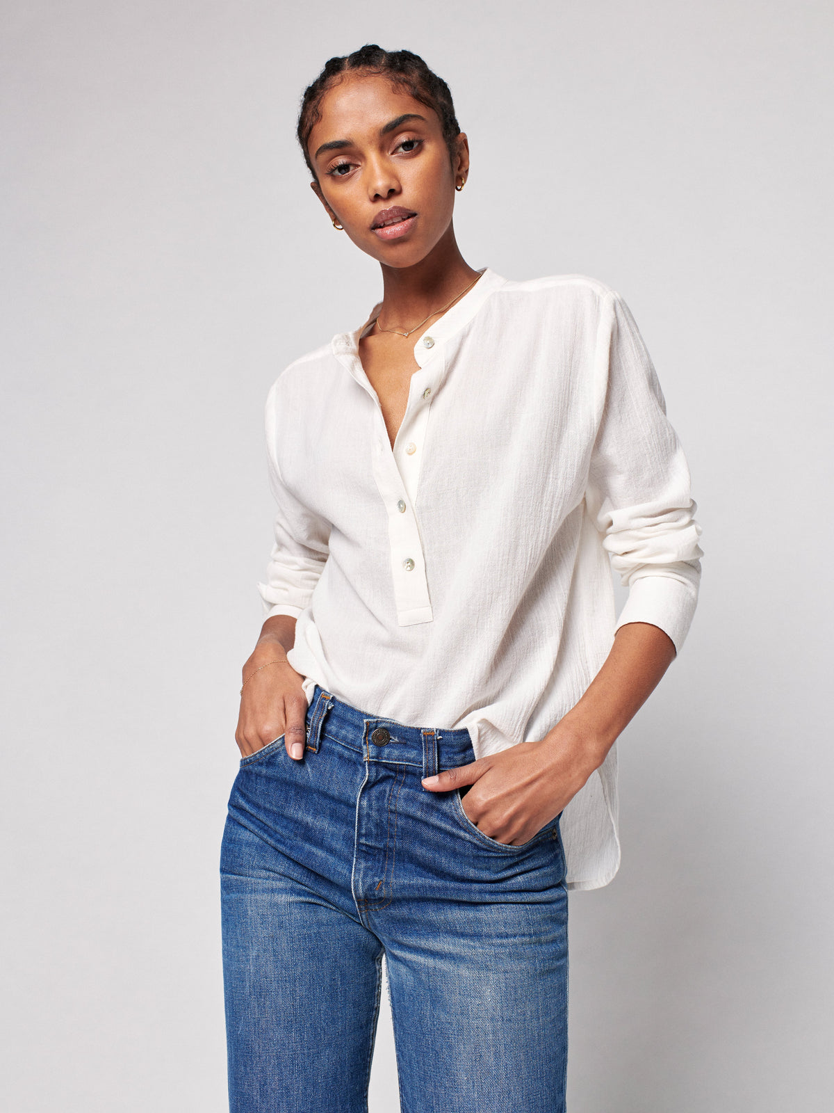 Dream Cotton Gauze Collarless Shirt - White