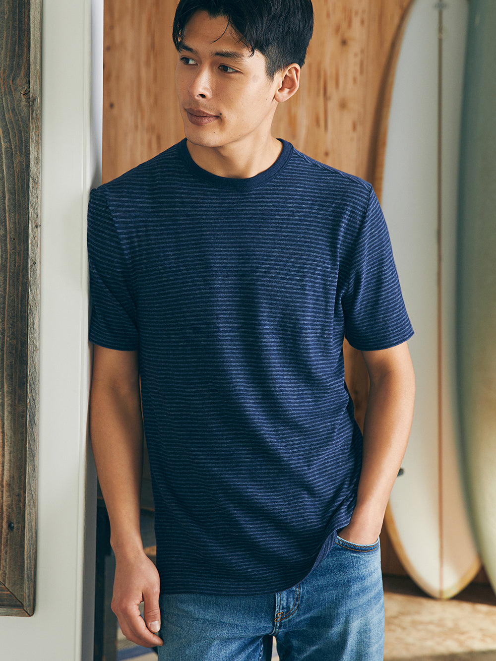 Vintage Chambray Tee by Faherty in Navy Cove Stripe