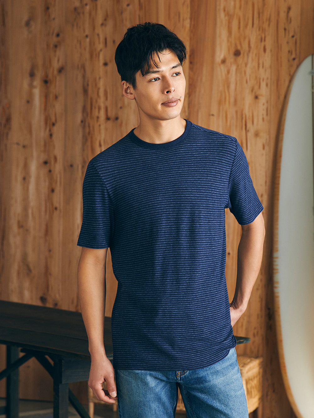 Vintage Chambray Tee by Faherty in Navy Cove Stripe