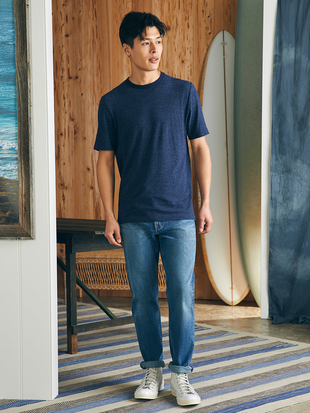 Vintage Chambray Tee by Faherty in Navy Cove Stripe