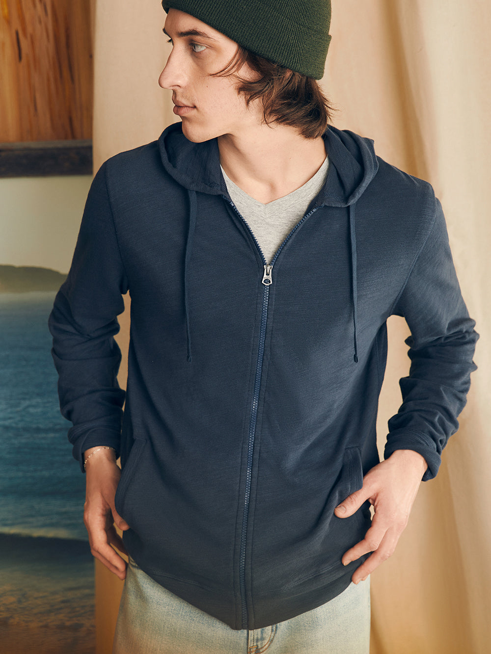 Sunwashed Slub Zip Hoodie by Faherty in Blue Nights