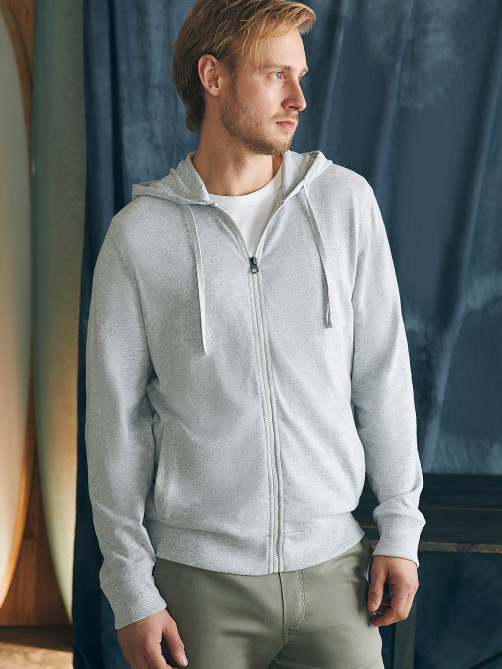 Sunwashed Slub Zip Hoodie by Faherty in Light Grey Heather