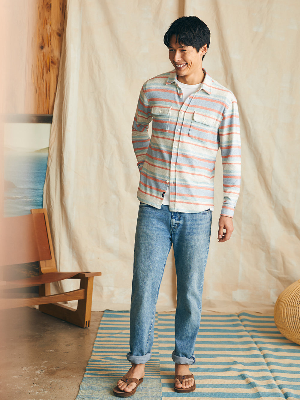 Legend Sweater Shirt by Faherty in Coral Reef Stripe