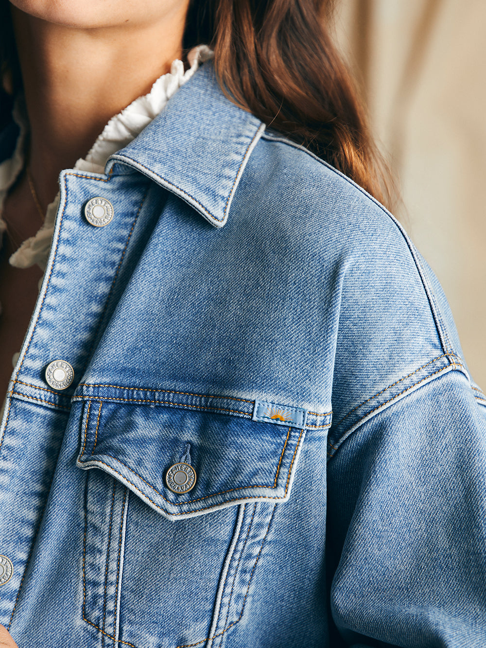 Stretch Terry Trucker Jacket by Faherty in Mid Wash