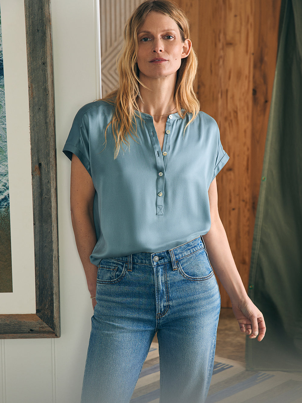 Sandwashed Silk Desmond Top by Faherty in Lead