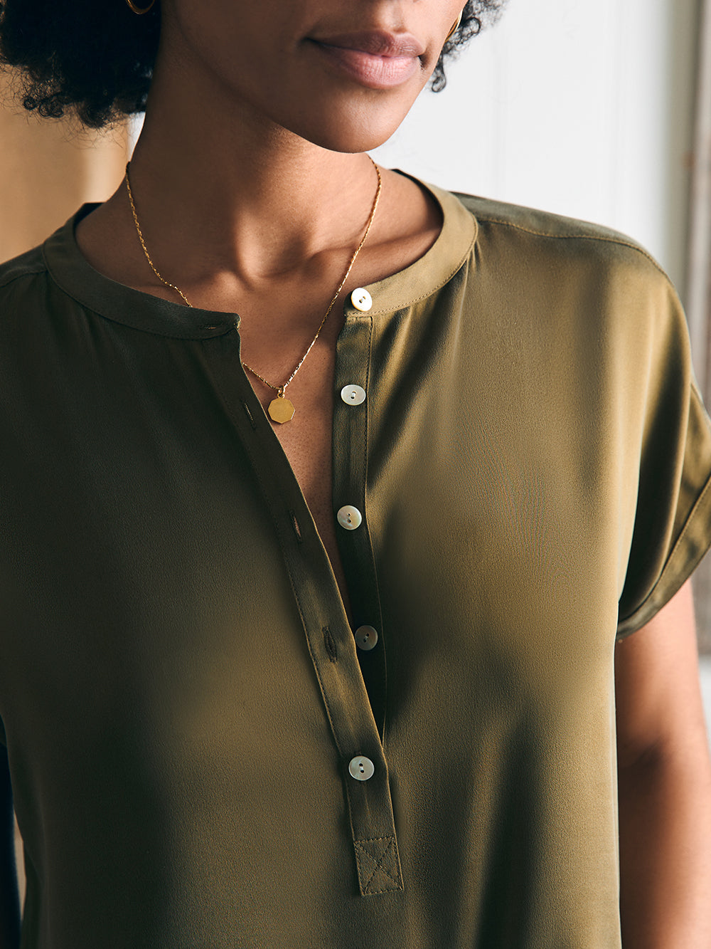 Sandwashed Silk Desmond Top by Faherty in Military Olive