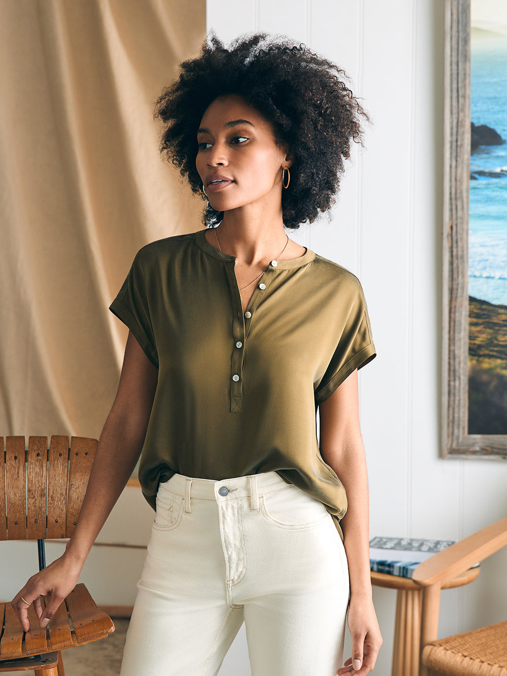 Sandwashed Silk Desmond Top by Faherty in Military Olive