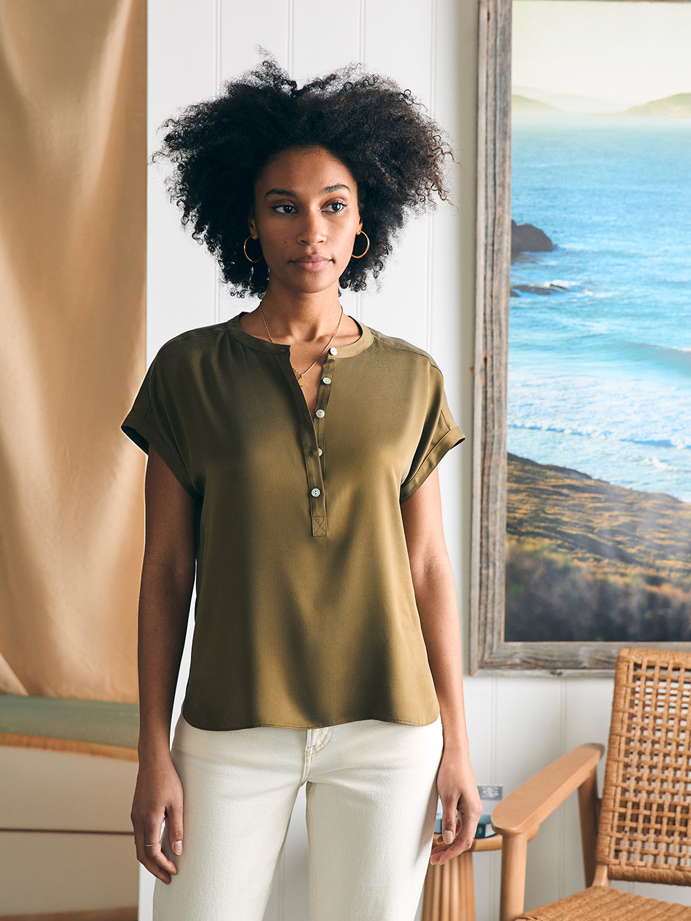 Sandwashed Silk Desmond Top by Faherty in Military Olive