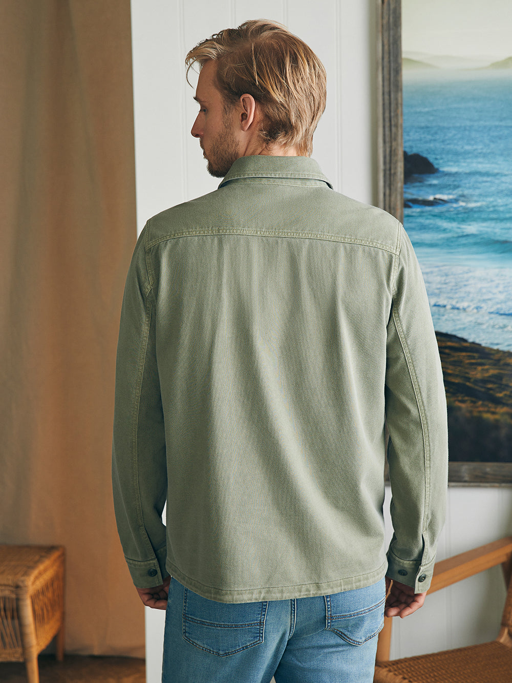 Jersey Shirt Jacket by Faherty in Surplus Olive