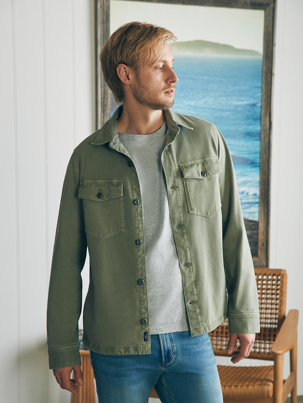 Jersey Shirt Jacket by Faherty in Surplus Olive