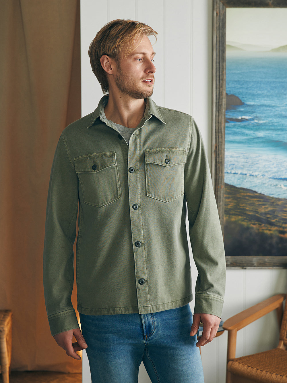 Jersey Shirt Jacket by Faherty in Surplus Olive