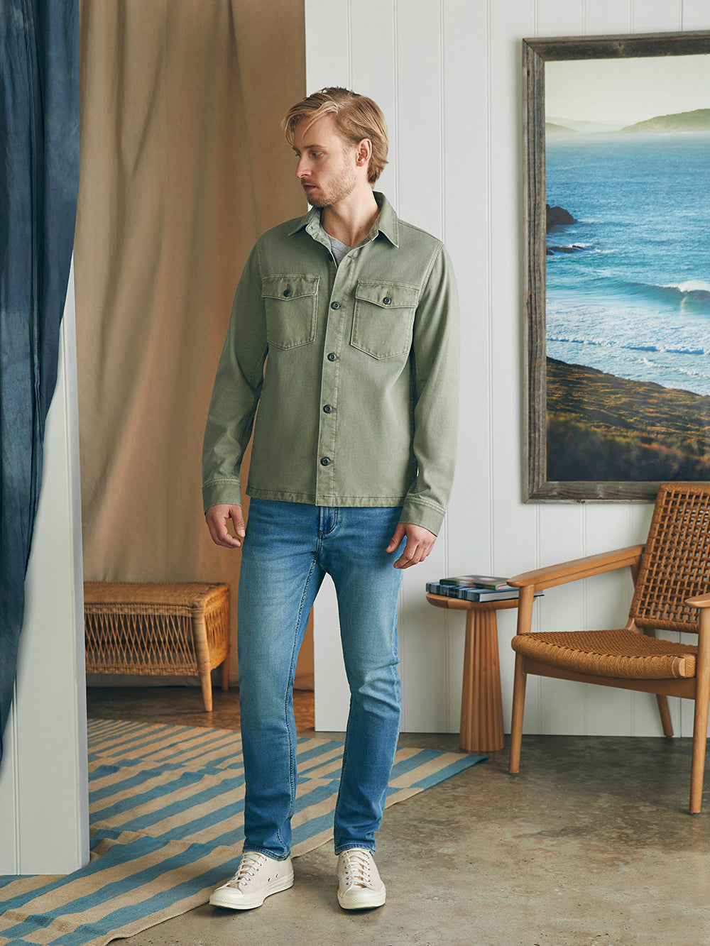 Jersey Shirt Jacket by Faherty in Surplus Olive