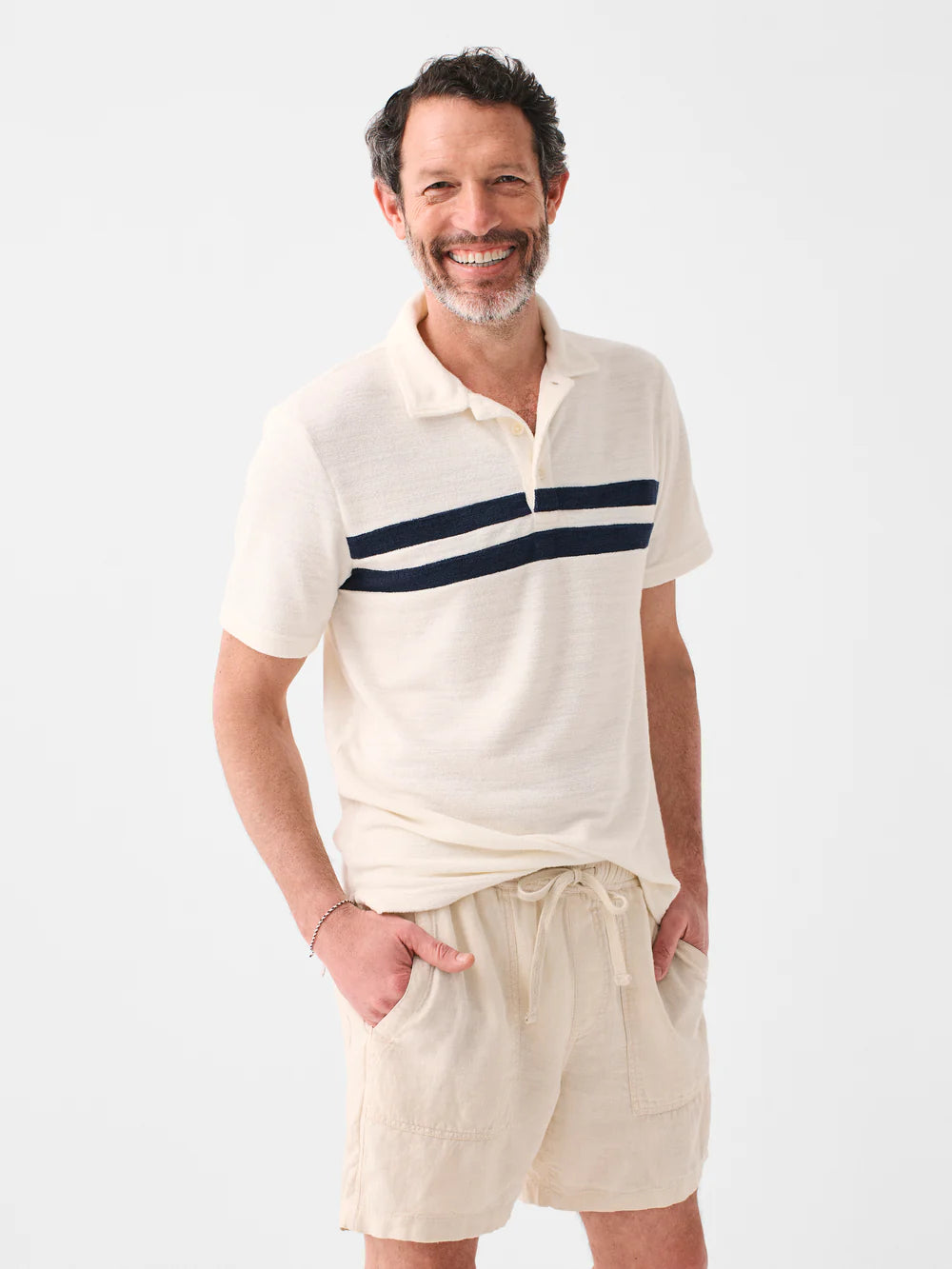 Cabana Towel Terry Polo - White Navy Surf Stripe