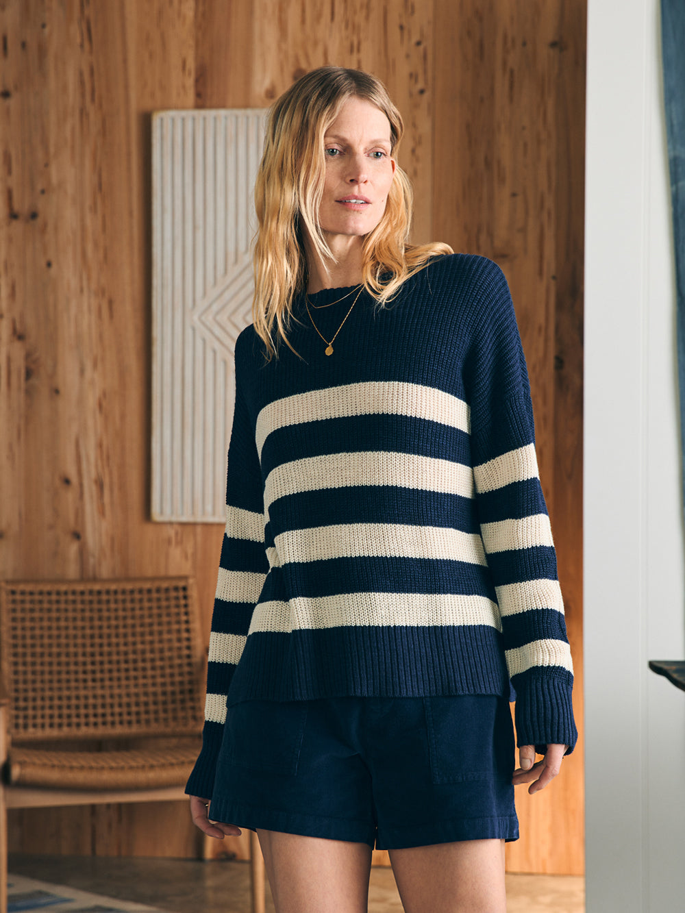 Miramar Linen Crew Sweater by Faherty in Kadena Navy Stripe