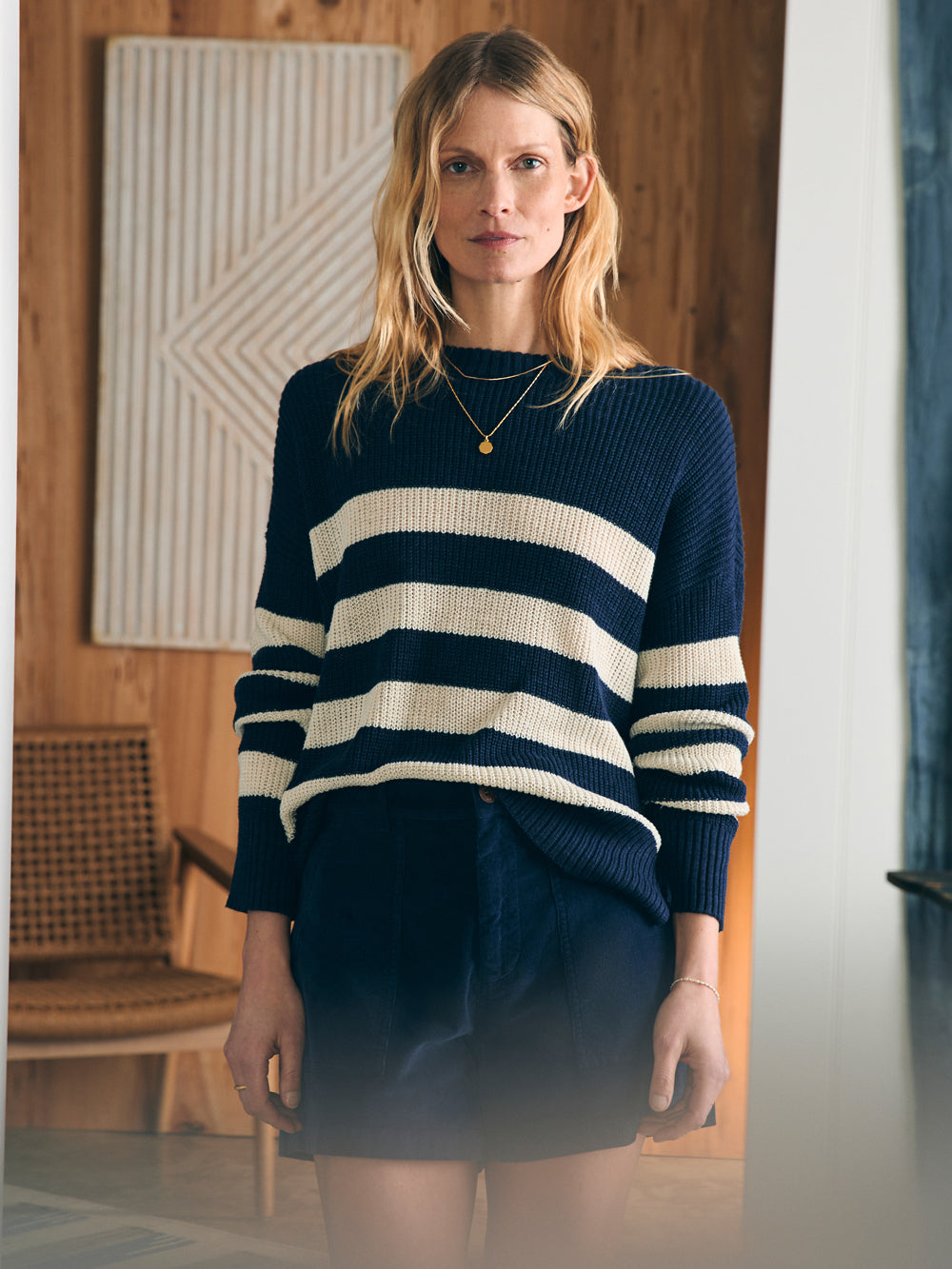 Miramar Linen Crew Sweater by Faherty in Kadena Navy Stripe