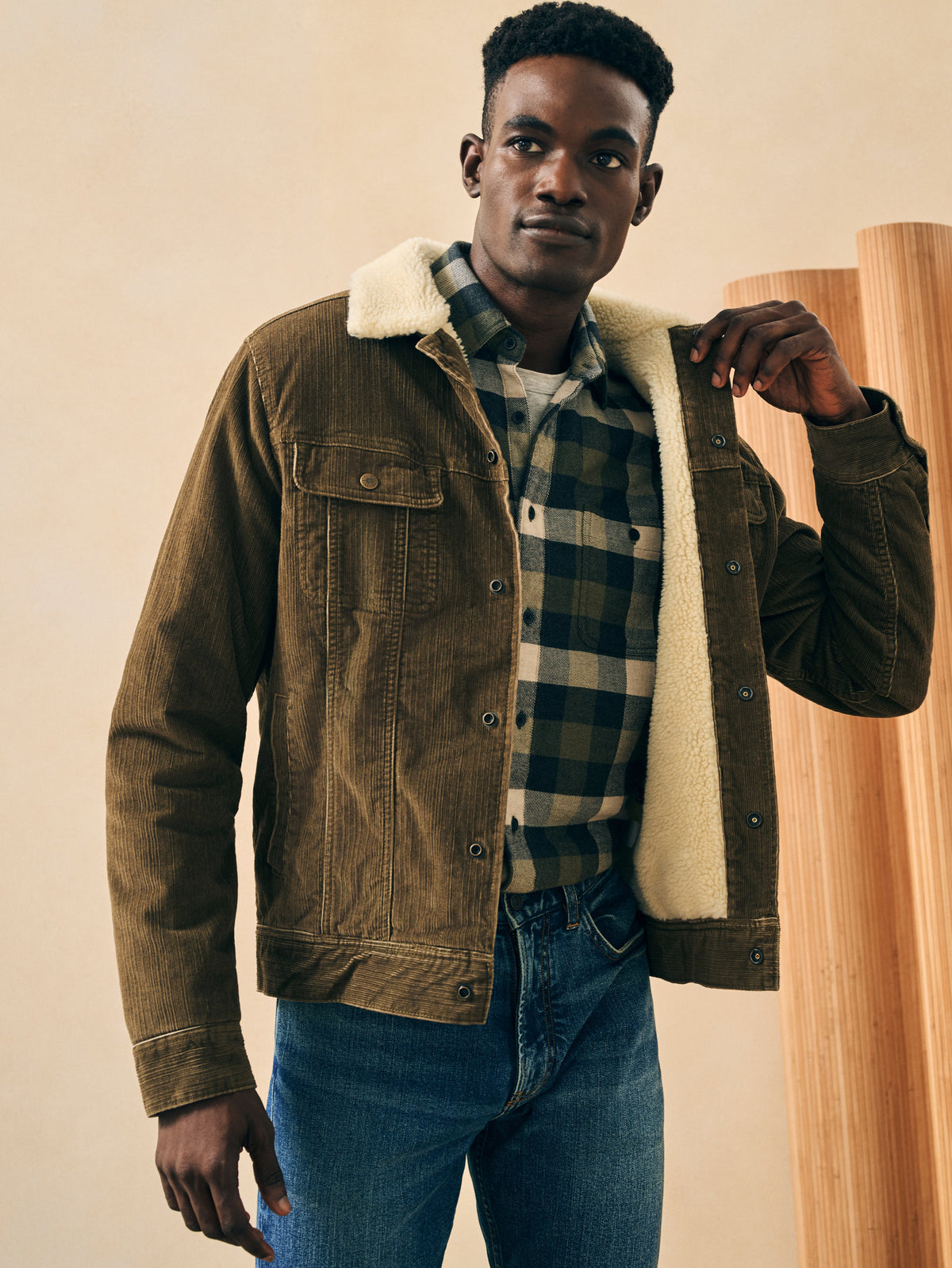 The High Pile Fleece Timberline Corduroy Trucker By Faherty In Buckeye Brown