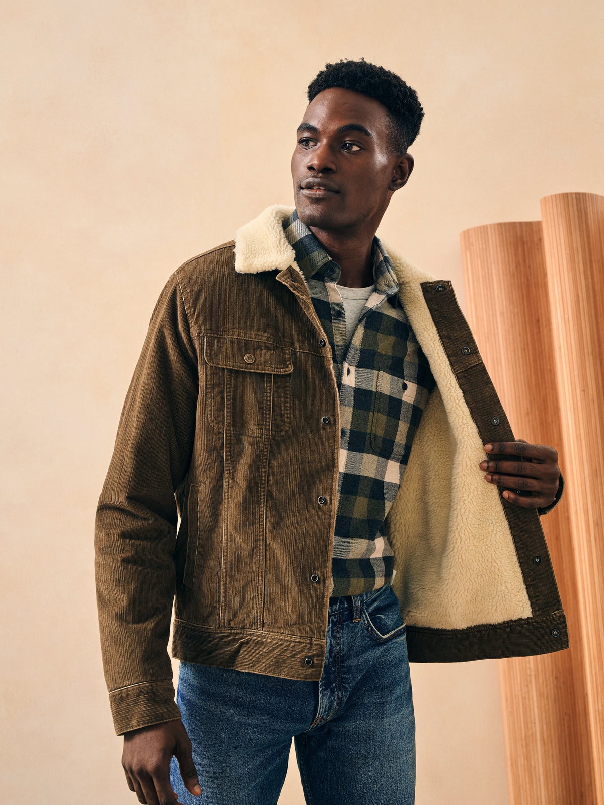 The High Pile Fleece Timberline Corduroy Trucker By Faherty In Buckeye Brown