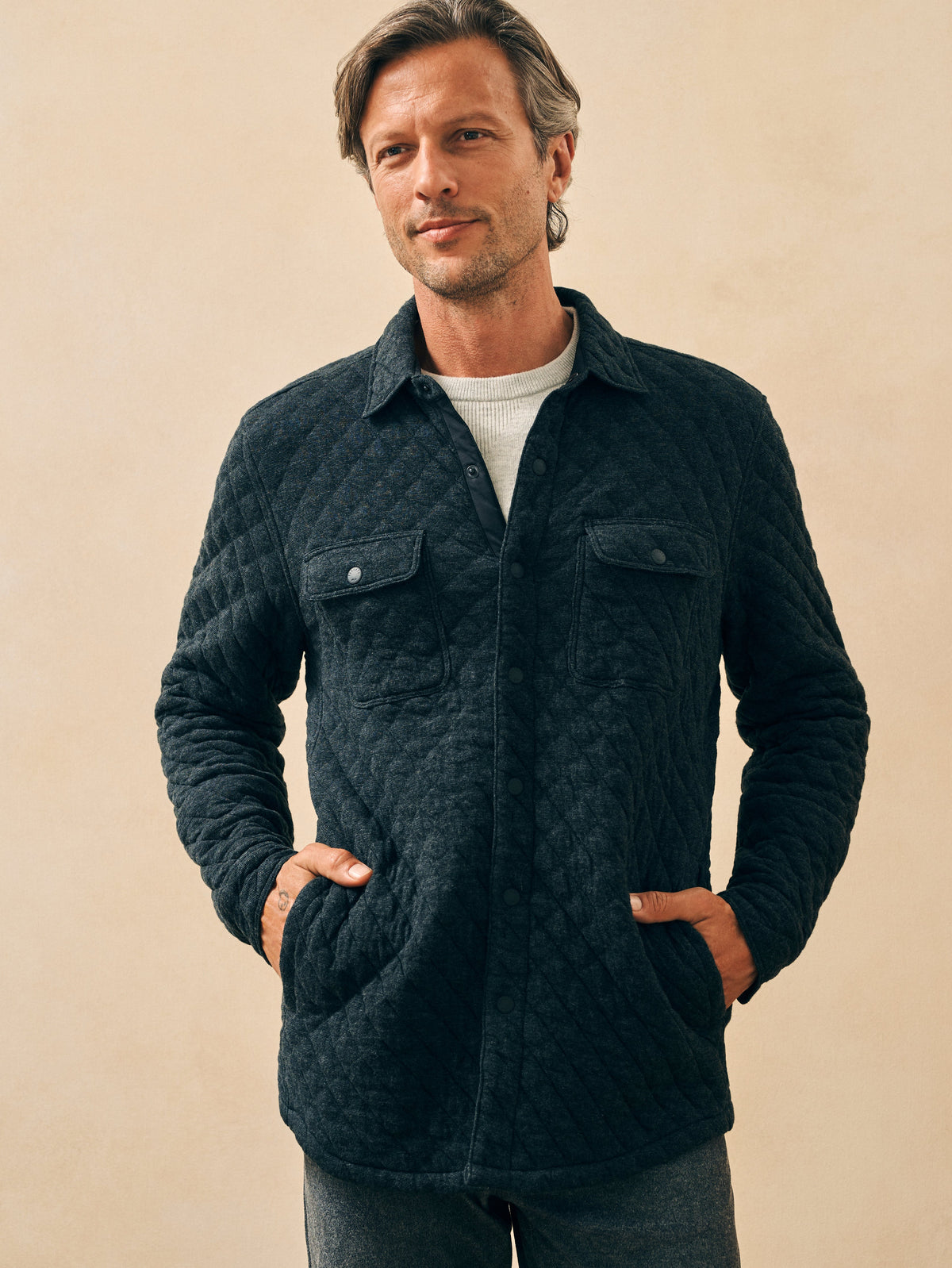 The Epic Quilted Fleece Cpo By Faherty In Black Heather