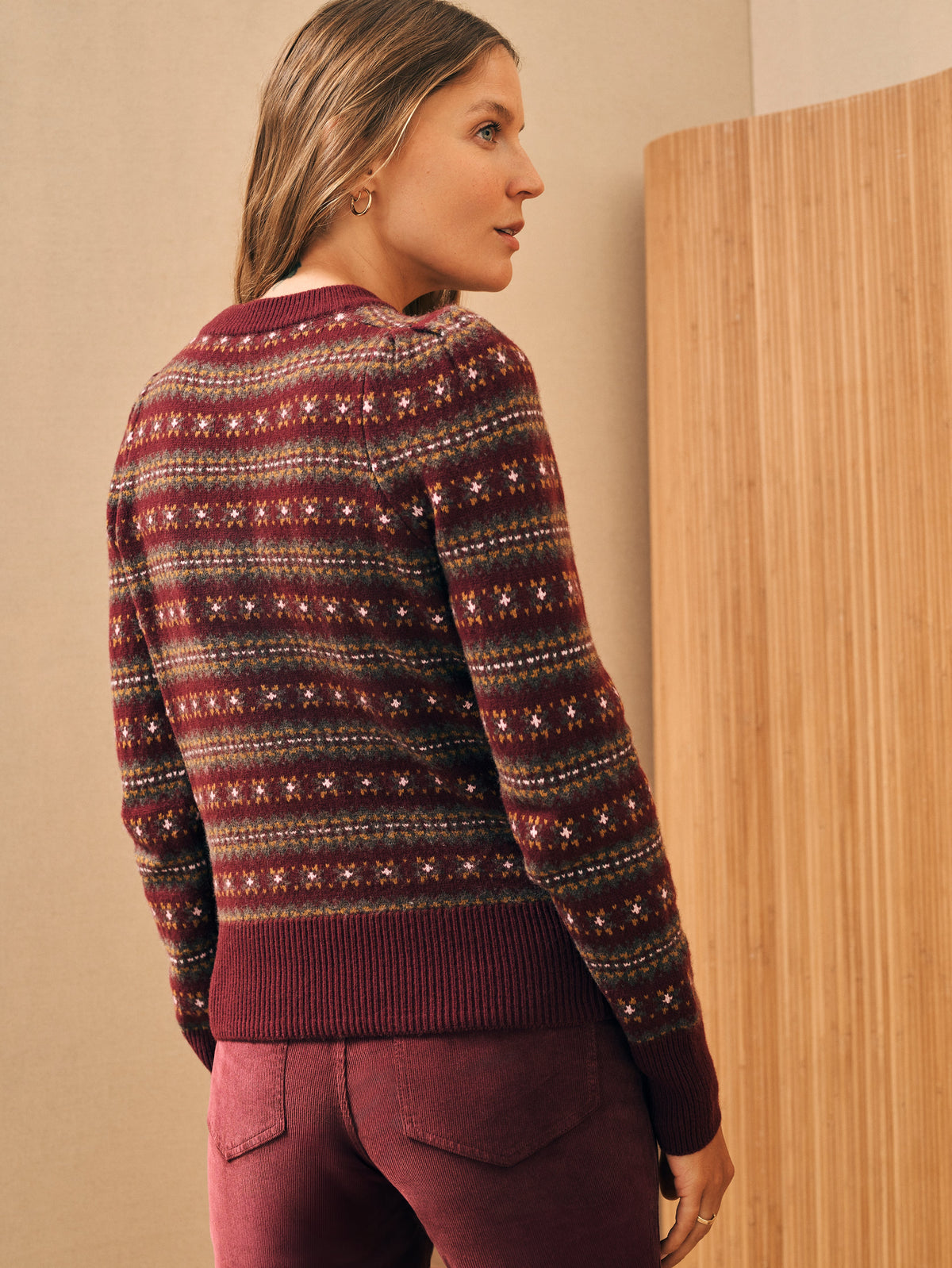 Highland Fair Isle Puff Sleeve Sweater - Maroon Multi