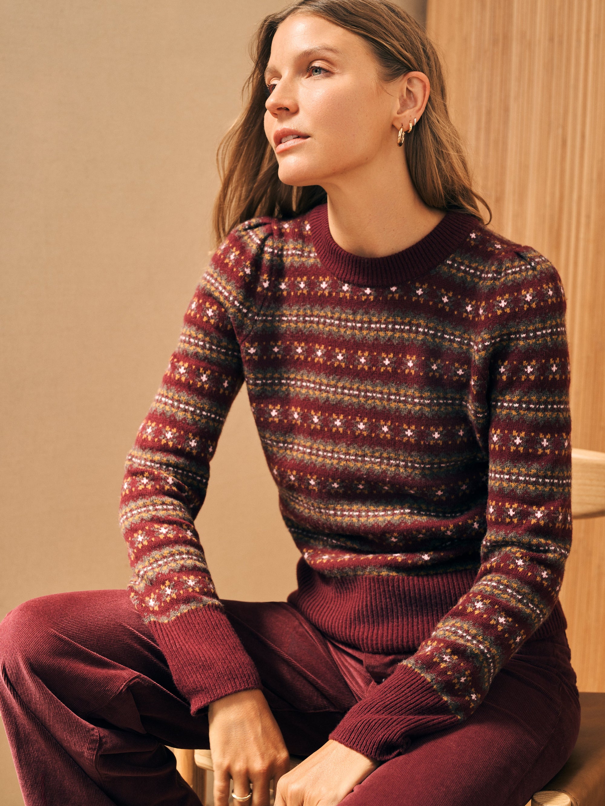 Highland Fair Isle Puff Sleeve Sweater - Maroon Multi