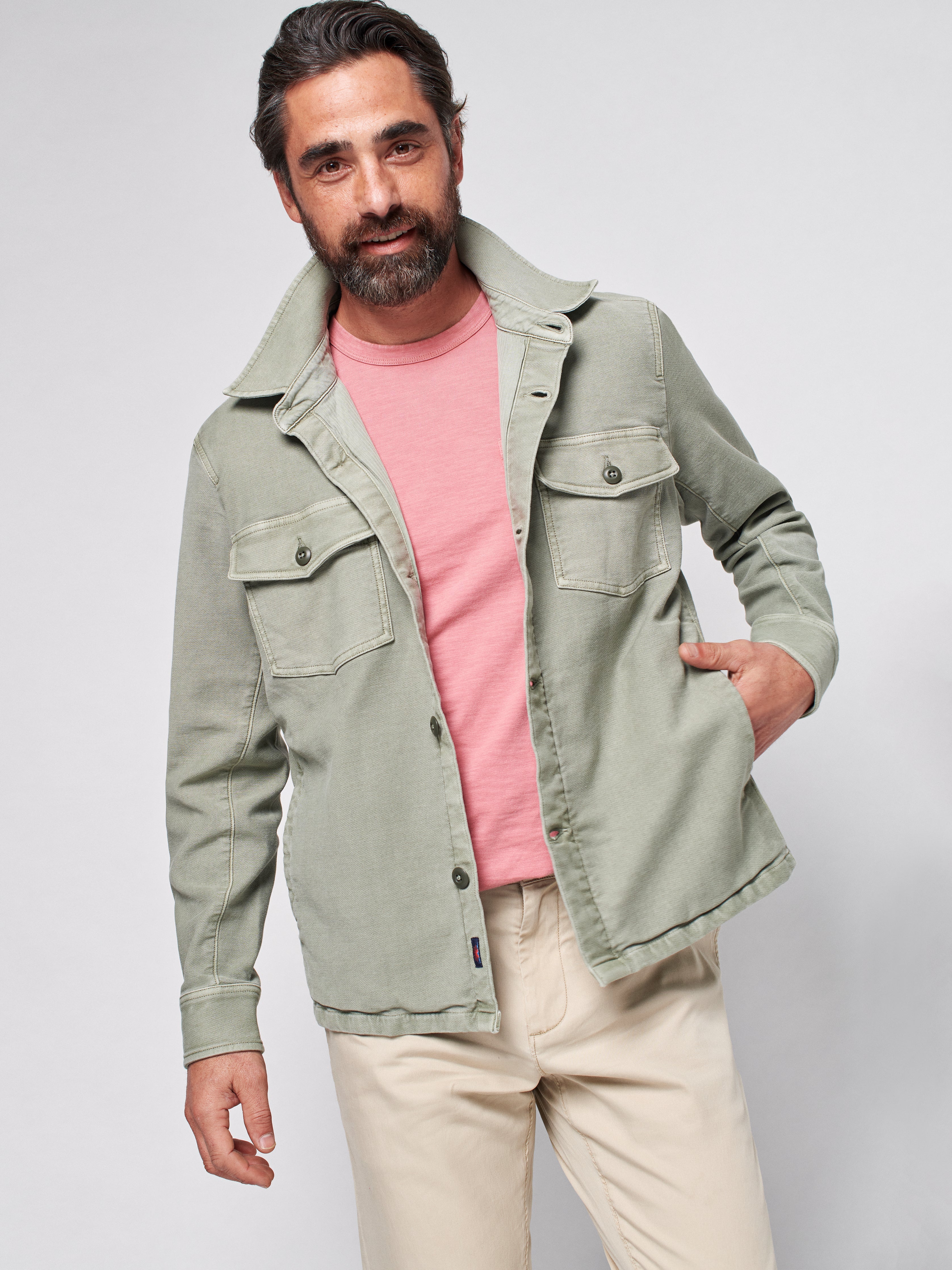 Stretch Terry Shirt Jacket - Faded Olive