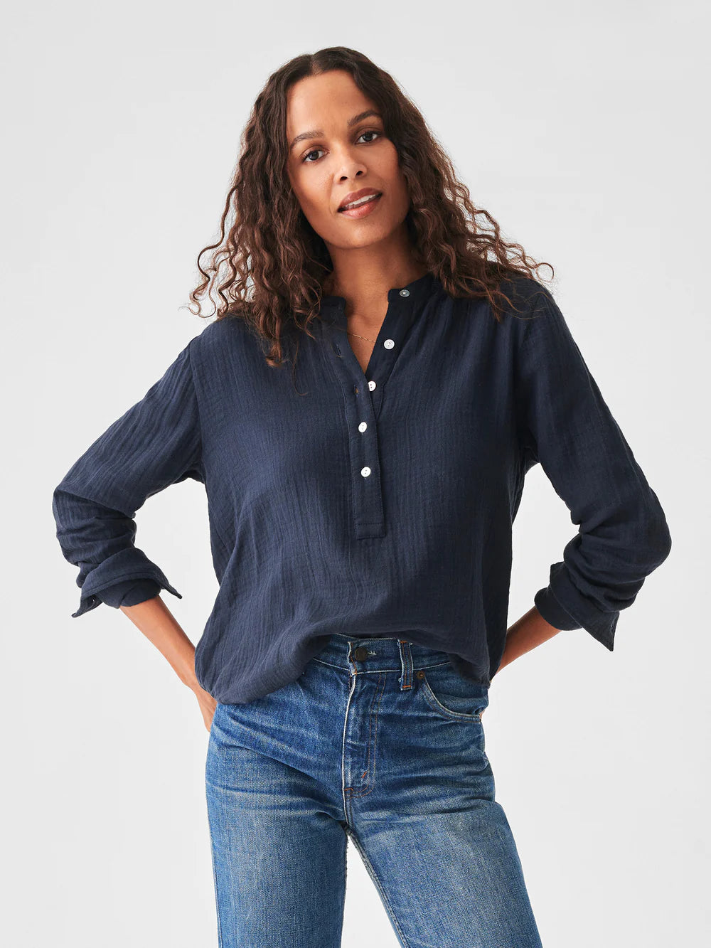 Dream Cotton Gauze Collarless Shirt - Navy