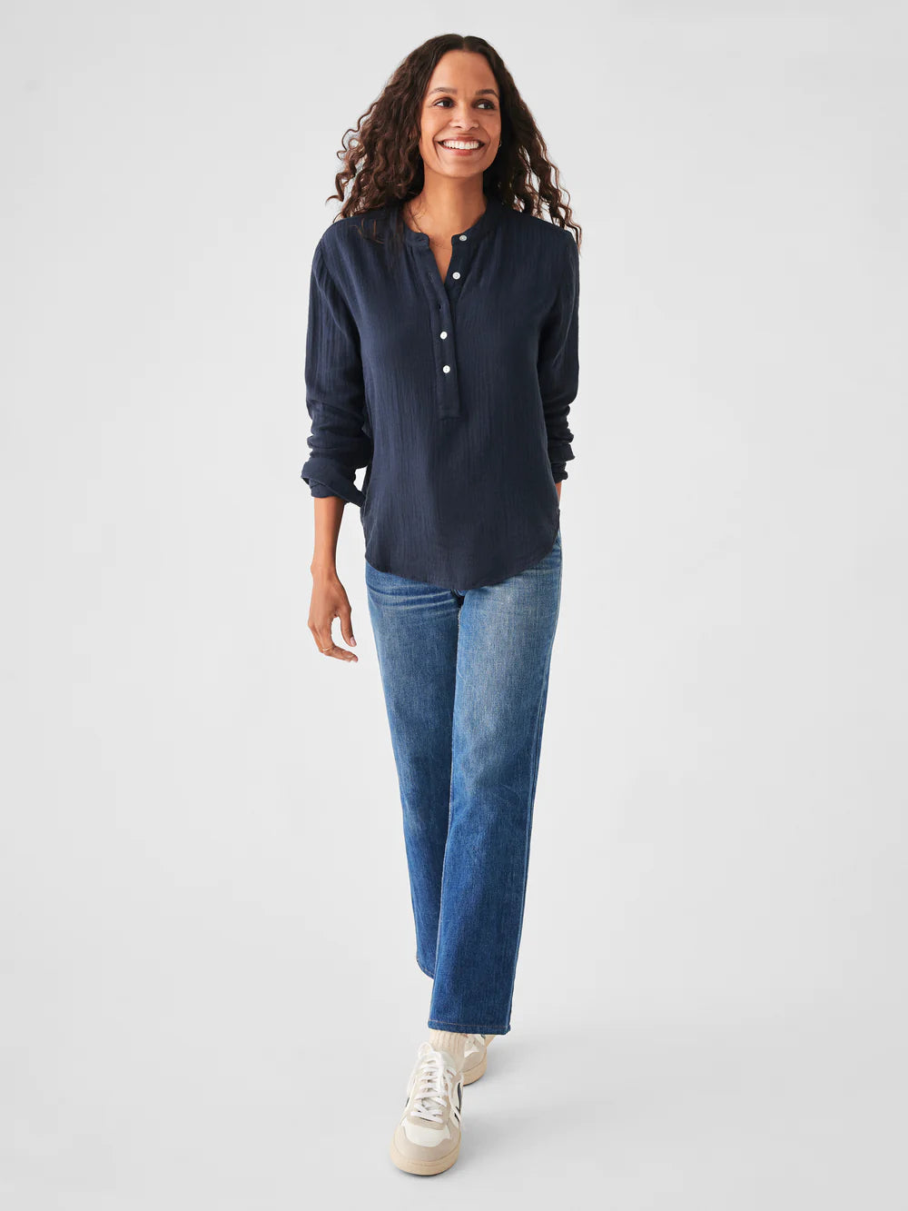 Dream Cotton Gauze Collarless Shirt - Navy