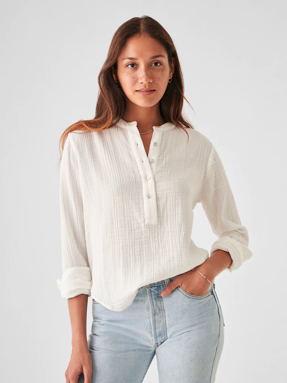 Dream Cotton Gauze Collarless Shirt - White